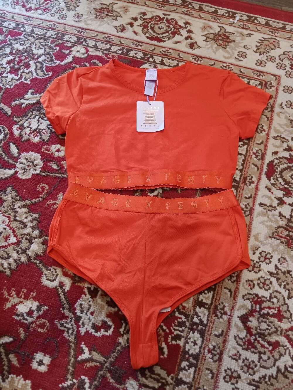Savage X Fenty Bright Orange Crop Tee & High-Waist Brief Set Sz S